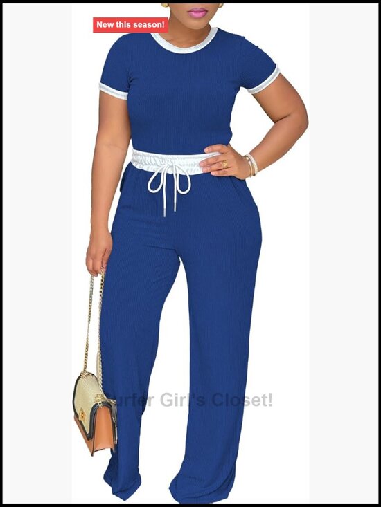 Pants - Women's 2 Piece Lounge Set Matching Tracksuit Short Sleeve Wide Leg Pants Ribbed